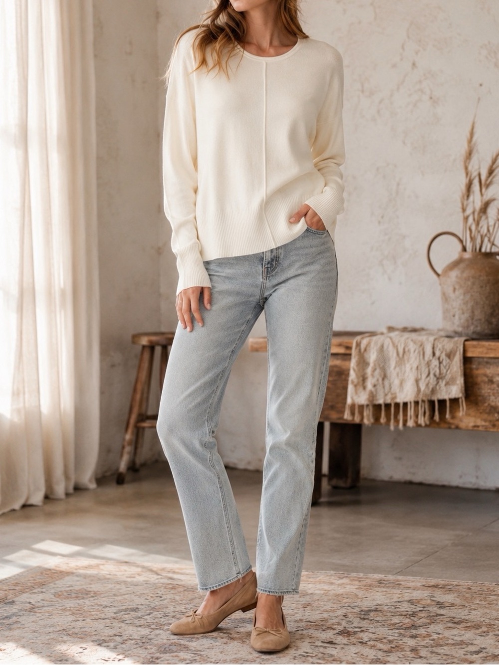 NEW French Connection Vhari Sweater Medium Ivory White Cream Oversized Crewneck